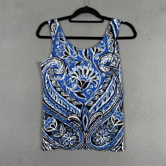 Chicos Travelers Shirt Womens 0 S Blue Black Paisley Tank Top Stretch Sleeveless - Picture 2 of 8